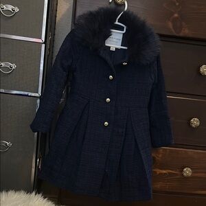 Navy Dress Coat with Faux Fur Collar